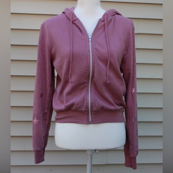 Forever 21 Women’s Hoodie Full Zip Metallic Stars Pink Sweater - Picture 2 of 9